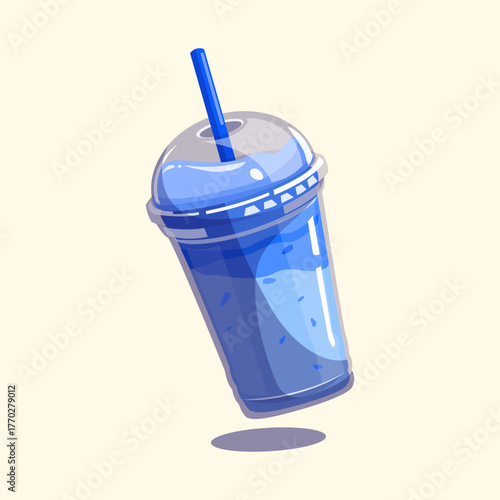 Fresh blueberry smoothie in a plastic cup with straw perfect for healthy drink, dessert, or cafe menu illustration.