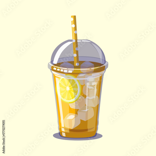 Iced lemon tea served in a plastic cup with straw and ice cubes perfect for beverage, cafe, or drink-themed illustrations.