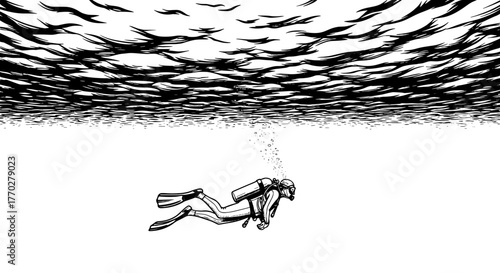 Scuba Diver Exploring Ocean Depths in Hand-Drawn Illustration: Deep Sea Diving Adventure in Black and White for Environmental Awareness, Marine Biology, Underwater Exploration, and Adventure Travel Pr