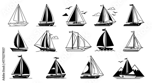 Collection of Sailing Boats on the Open Water, Navigating the Seas and Oceans for Leisure, Recreation, and Maritime Transportation, Ideal for Nautical Business, Travel, and Graphic Design Projects, Fe