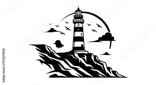 Dramatic Lighthouse on Rocky Coastline Guiding Seafarers Amidst Cloudy Skies, Nautical Beacon in Coastal Landscape with Flying Birds, Navigation Safety in Stormy Weather for Maritime Industry, Black a