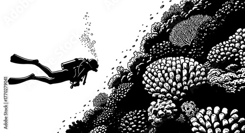 Silhouette Scuba Diver Exploring Vibrant Coral Reef Ecosystem in Tropical Ocean Environment - Underwater Adventure, Marine Biology Illustration for Ocean Conservation, Environmental Awareness, Scienti