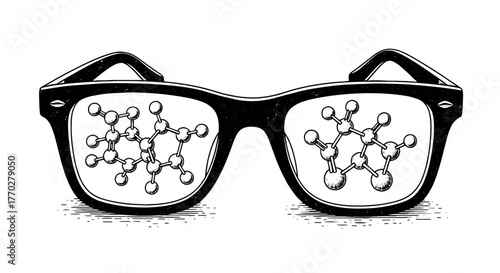 Retro Glasses Displaying Molecular Structures in a Science Lab Setting, Reflecting Chemistry and Scientific Research, Ideal for Education, Pharma, Medicine and Technology Presentations, Websites, or C
