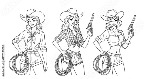 Retro Cowgirls with Lasso and Revolver in Western Setting: Vintage Pin-Up Style Illustration for Advertising, Apparel & Graphic Design, Showcasing Strong Women, Empowerment, and Nostalgia (198 Charact