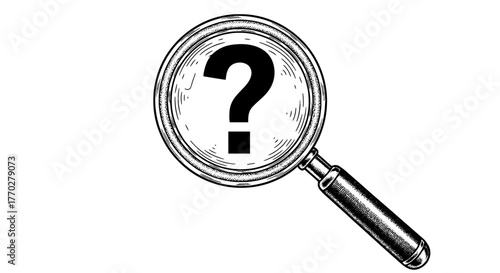 Magnifying Glass Examining Question Mark: Close-Up Focus on Inquiry, Seeking Answers, Investigation and Problem Solving in Detailed Hand-Drawn Black and White Illustration Style for Educational Materi