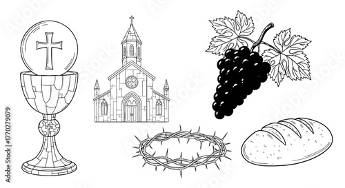 Christian Eucharist Symbols Illustration: Church, Chalice with Host, Grapes, Bread, and Crown of Thorns Representing Communion and Sacrifice in Religious Education Materials and Faith-Based Designs fo