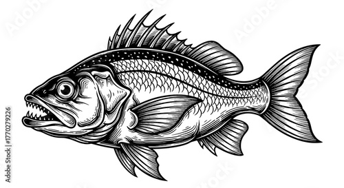 Intricate Line Art Bass Fish Illustration: Detailed engraving of a predatory bass fish swimming, showcasing vintage tattoo style with bold lines and intricate details, ideal for fishing industry, wild