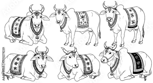 Sacred Cows Meditating in Traditional Hindu Style, Detailed Line Art Illustration for Spiritual Concepts, Religious Design, Cultural Projects, and Coloring Books, Representing Indian Heritage, Peace,