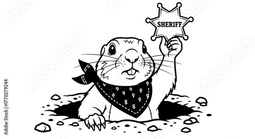 Groundhog Sheriff Emerges from Burrow Holding Badge – Wildlife Cartoon Character Enforcing Law and Order in Prairie Setting, Symbolizing Authority, Protection, Humor, Ideal for Western Theme Designs,