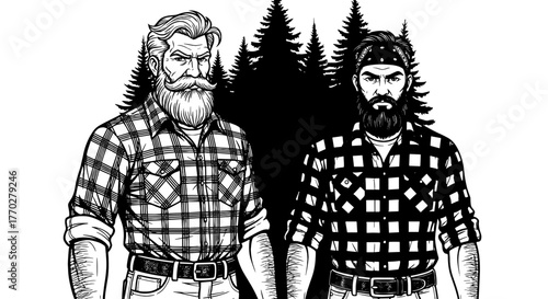 Two Bearded Lumberjacks Posing in Forest Landscape, Wearing Flannel Shirts for Outdoor Lifestyle Advertisement, Woodcut Illustration Style, Promoting Masculinity and Ruggedness, Exploring Nature and H