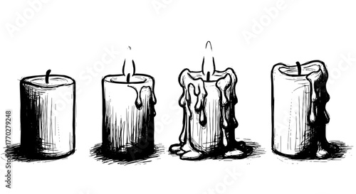 Sketchy Hand-Drawn Candles Burning in the Dark, Representing Remembrance, Spirituality, and Gothic Themes, Ideal for Halloween, Religious Observances, and Mystical Projects with Vintage Illustration S