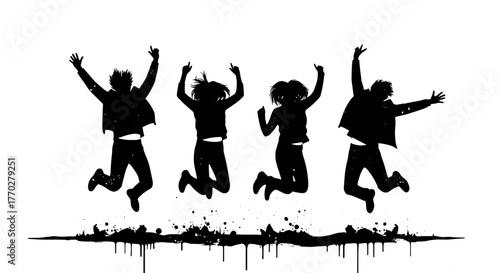 Dynamic Silhouette People Jumping with Energy and Enthusiasm Against White Backdrop, Celebrating Success and Achievement, Representing Youthful Exuberance in Modern Lifestyle and Teamwork, Perfect for
