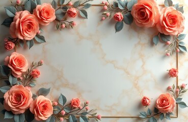 Floral frame with pastel roses on marble backdrop. Peach flower corner border with rosebuds and leaves. Romantic nature design element for greeting card or wedding invitation template.