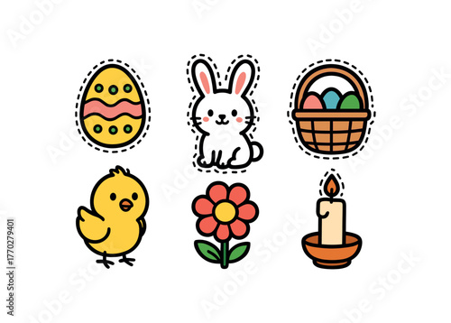 cute Easter set with bold black outline and dotted border including Easter egg bunny basket flower and candle simple details colorful minimal style isolated on white background