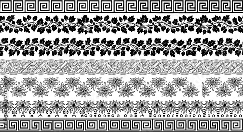 Ornate Black and White Decorative Border Collection Seamlessly Repeating for Creative Design Projects, Adorning Invitations & Promotional Materials, with Ancient Greek & Botanical Elements, Classic Gr