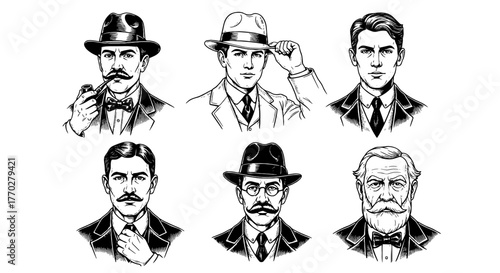 Vintage Gentlemen Portraits Collection: Classic Men Posing in Retro Style, Illustrating Sophistication and Elegance for Historical Projects, Business Presentations, Advertising, and Graphic Design, Fe