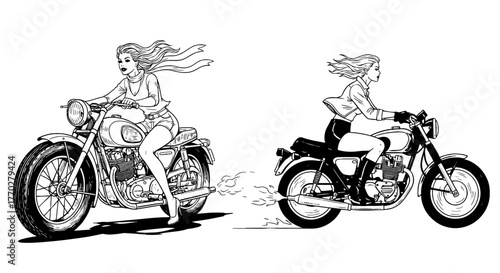 Two Retro Bikers Riding Motorcycles, Embracing Freedom, Adventures on Open Road in Classic Style for Automotive Industry, Tourism, Lifestyle Content, Graphic Designs, and Vintage Enthusiasts Projects
