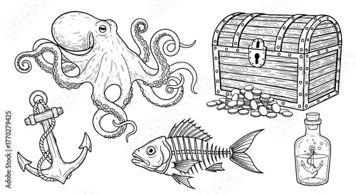 Detailed Octopus with Treasure Chest Illustration and Sea Life Elements for Nautical Design Projects, Old-Fashioned Marine Adventure Illustrations, Vintage Black and White Drawing Assets, Retro Style