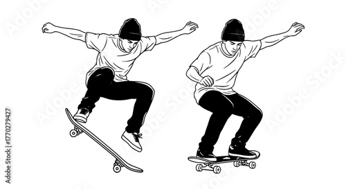 Dynamic Skateboarder Performing Tricks and Grinds in Urban Setting, Representing Youth Culture and Action Sports Lifestyle for Advertising and Website Graphics, Modern Black and White Illustration Art