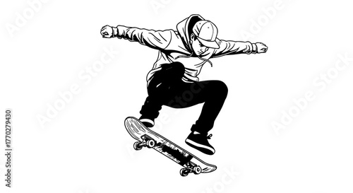 Dynamic Skateboarder Mid-Air Performing Trick Illustration, Urban Lifestyle Graphic Art, Extreme Sports, Street Style, Youth Culture, Active Recreation, Modern Design for T-Shirt Prints, Posters, Adve