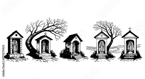 Ornate Religious Shrines Illustrating Faith and Devotion in a Tranquil Landscape, Conveying Spirituality and Cultural Heritage for Use in Historical Documentation or Architectural Design Presentations