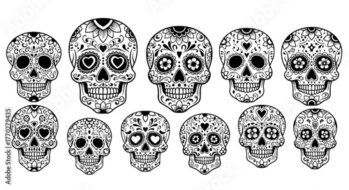 Day of the Dead Sugar Skulls Arranged for Celebratory Occasion, Traditional Dia de los Muertos Designs, Black and White Illustrations for Cultural Events and Remembrance, Mexican Folk Art for Art Proj