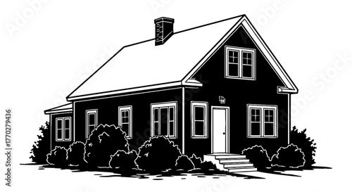 Detailed Black and White Cape Cod House Illustration Showcasing Classic American Residential Architecture with Lush Landscaping for Real Estate Marketing and Architectural Design Projects, Representin