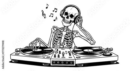 Skeleton DJ Mixing Music at Turntables, Halloween Party Performer with Headphones, Nightclub Entertainment, Digital Media Design Element, Urban Art Illustration, Black and White Graphic, Music Product
