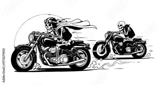 Skeleton Bikers Racing on Motorcycles, a Grayscale Cartoon Illustration of Supernatural Riders on Choppers Speeding Down the Road, a Spooky and Humorous Graphic for Halloween Events, Motorcycle Clubs,