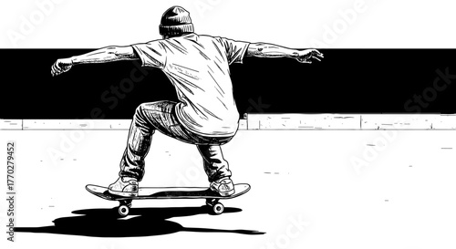 Skateboarder Performing Trick in Urban Skatepark: Youthful Energy, Freedom, and Street Culture in a Dynamic Black and White Illustration for Skateboarding Lifestyle, Sports Marketing, and Graphic Desi