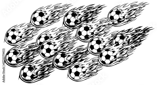 Dynamic Soccer Balls Flying with Flames: Energetic Sports Illustration for Competition, Team Spirit, and Victory, Ideal for Marketing, Presentation, and Website Graphics with a Bold, Graphic Style (Bl