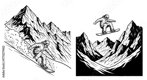 Extreme Snowboarders Thrilling Descent and Aerial Jump in Majestic Mountain Landscape: Adventure Sports Illustration for Winter Season Graphics, Active Lifestyle Projects, Travel and Recreation, Monoc