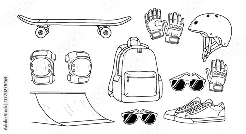 Skateboarding Equipment Outline Illustration: Complete Set for Extreme Sports Activities, Safety Gear, and Street Lifestyle Designs -  Ramp Ready for Thrill Seekers, Artistic, Modern, Graphic Design,