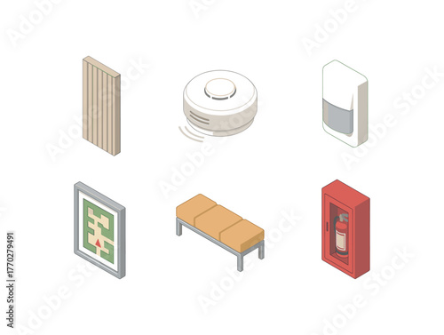 isometric icon items isolated on white background corridor acoustic panel corridor smoke alarm corridor motion detector corridor wayfinding map corridor bench seating corridor fire
