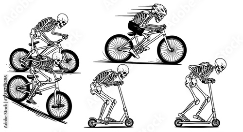 Skeletal Riders Engaged in Extreme Sports: Cycling, BMX Biking, and Scooter Riding, a High-Contrast Black and White Illustration for Healthcare, Halloween, and Automotive Designs, Ideal for Posters, W