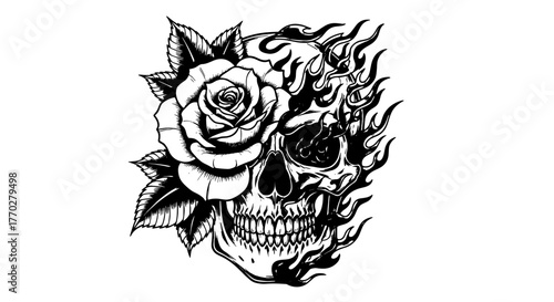 Detailed Skull and Rose Tattoo Design Illustration with Flames, Gothic Style Artwork for Print on Demand, Dark Art Graphics, Halloween, Rock Music, Horror Film, Motorcycle Culture, Tattoo Studio Brand