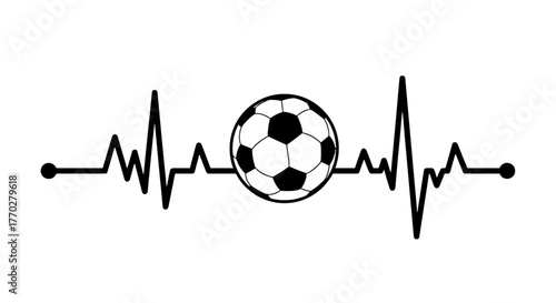 Soccer Passion Heartbeat: Football Pulse Lifeline, Enthusiasm and Vitality, Sports Motivation, Cardiac Rhythm, Healthy Lifestyle Icon, Fitness, Black and White Design, Sporty Graphic, Medical Monitori