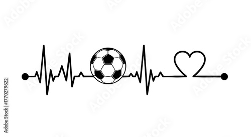 Soccer Passion Pulse: A Heartbeat Rhythm Graphic Symbolizing Love for Football, Featuring a Heart and EKG Line on White for Sport Enthusiasts and Fitness Marketing Campaigns, Suitable for Team Apparel