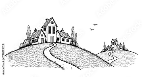 Whimsical Village Illustration on Rolling Hills with Winding Paths, Hand-Drawn Countryside Houses for Storybooks, Children's Art, and Rural-Themed Projects, Perfect for Real Estate, Travel, and Commun