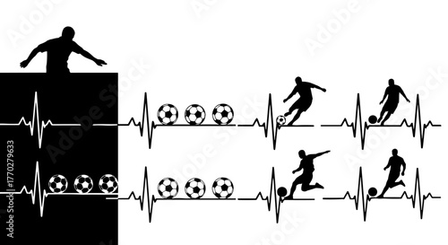 Dynamic Soccer Football Passion: Heartbeat Pulse Silhouette with Kicking Player Figures on White, Conveying Energy, Vitality, and Sports Enthusiasm for Healthcare, Fitness, Motivation and Graphic Desi