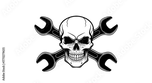 Skull and Wrenches Illustration: Menacing Skull Crossed by Vintage Wrenches in Black and White, Garage, Automotive Repair Shop, Mechanic, Auto Industry, Grunge, Dangerous, Edgy Design for Tattoo Art,