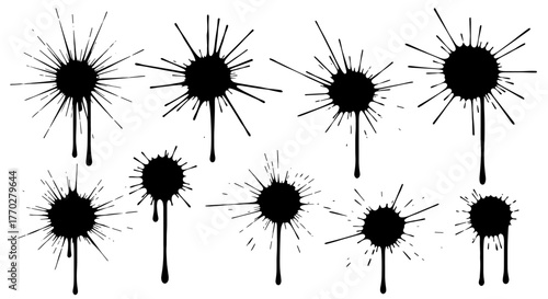 Collection of Ink Splatters Spreading on White Backdrop: Abstract Grunge Elements for Creative Design, Decoration, Graphic Resources, and Artistic Effects in Presentations, Posters, and Website Backgr