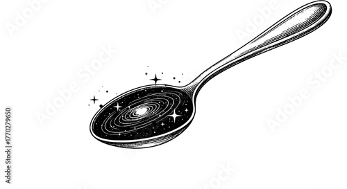 Spoonful of Galaxy: Conceptual Illustration of Universe in Cutlery for Cosmic Wonder and Culinary Arts, Representing Exploration and Dreams. Detailed Engraving Style for Modern Science, Space Explorat