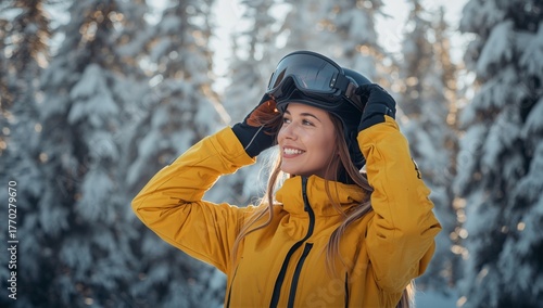 Smiling Woman Adjusts Ski Goggles in Snowy Winter Landscape During Sunny Day