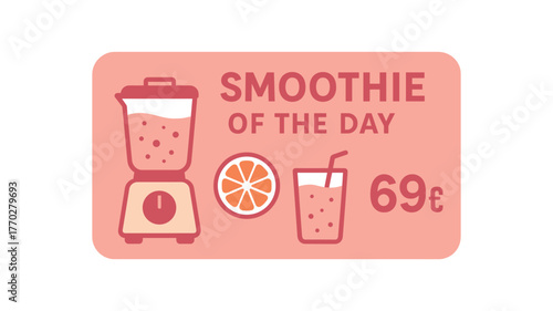 Flat vector banner design text SMOOTHIE OF THE DAY 69₴ supporting icons of blender fruit and glass pink and beige tones isolated on white marketing approved bright palette with balanced