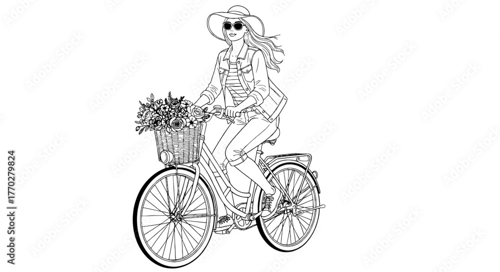 Obraz premium Stylish Woman Riding a Bicycle with Flowers in a Basket through City Streets, Embracing Leisure and Eco-Friendly Transportation for Urban Lifestyle, Promoting Wellness and Sustainable Living in a Vint