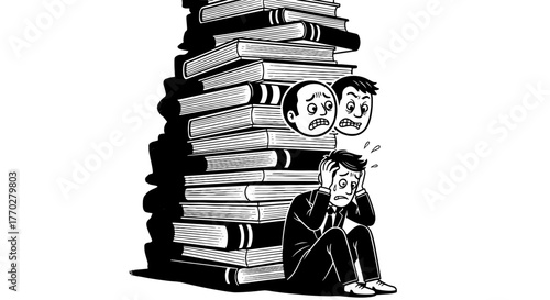 Stressed Businessman Overwhelmed by Huge Stack of Books in Office: Depicts Pressure, Deadlines, Anxiety, and Workload. Conceptual for Business Presentations, Marketing Materials, and Educational Conte
