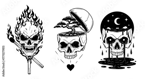 Illustrative Skull Collection: Evoking Introspection and Mortality through Symbolic Imagery, Exploring Inner Turmoil, Growth, and Death in Graphic Arts, Perfect for Edgy Design, Tattoo Art, Occult The