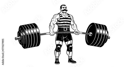 Vintage Strongman Lifting Heavy Barbell in Gym: Classic Weightlifter Training for Strength Competition & Powerlifting, Old-fashioned Fitness Icon for Motivation, Nostalgia, Graphic Design & Advertisin