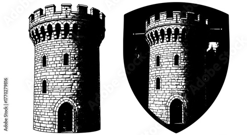 Medieval Stone Tower Standing Tall with Fortified Walls & Battlements, Represented on Heraldic Shield Backdrop Depicting Heritage & Nobility, Ideal for Fantasy Games & Historic Architecture Presentati